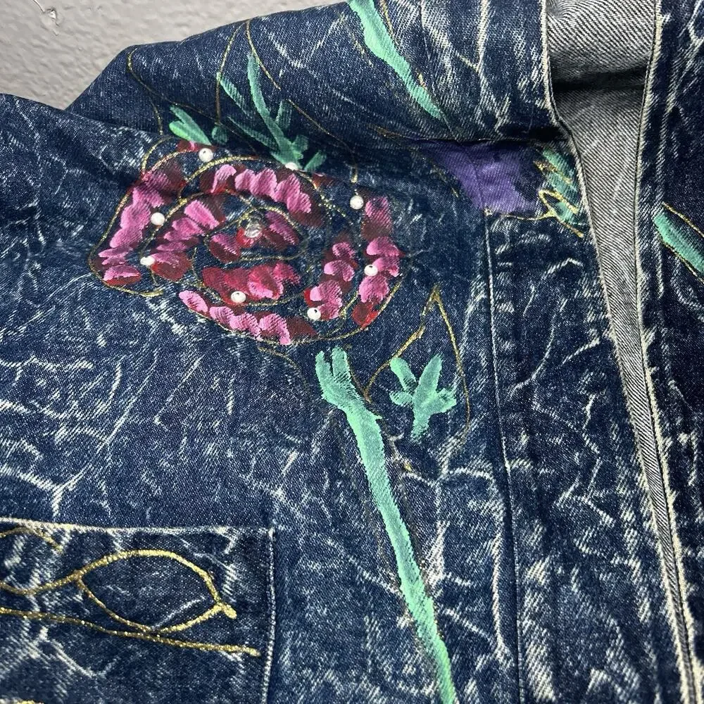 Vtg Christie Of California Denim Jacket Hand Painted Acid Washed Art to Wear 14